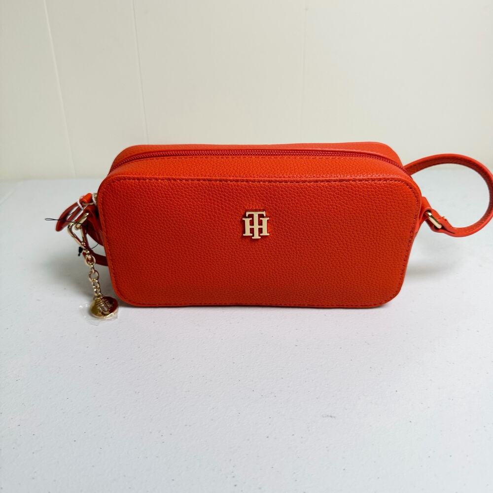 Tommy Hilfiger Women Small Pebbled Camera Crossbody Bag Orange Gold Logo